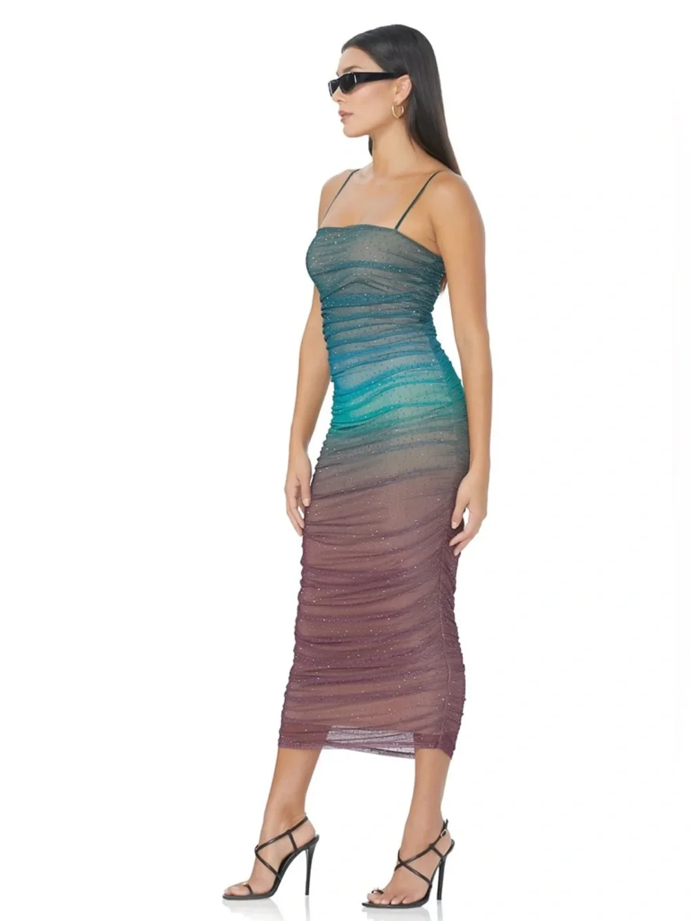 Strappy Sheer  Ombre Ruched Midi Dress in Teal to Plum - Picture 2 of 6